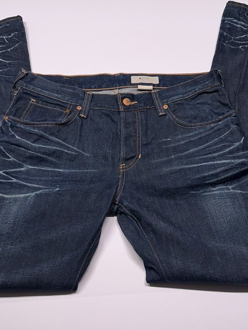 H&M Sliq Mens Jeans 33x33 Dark Blue Slim Fit Low Waist Button Fly Denim NWOT